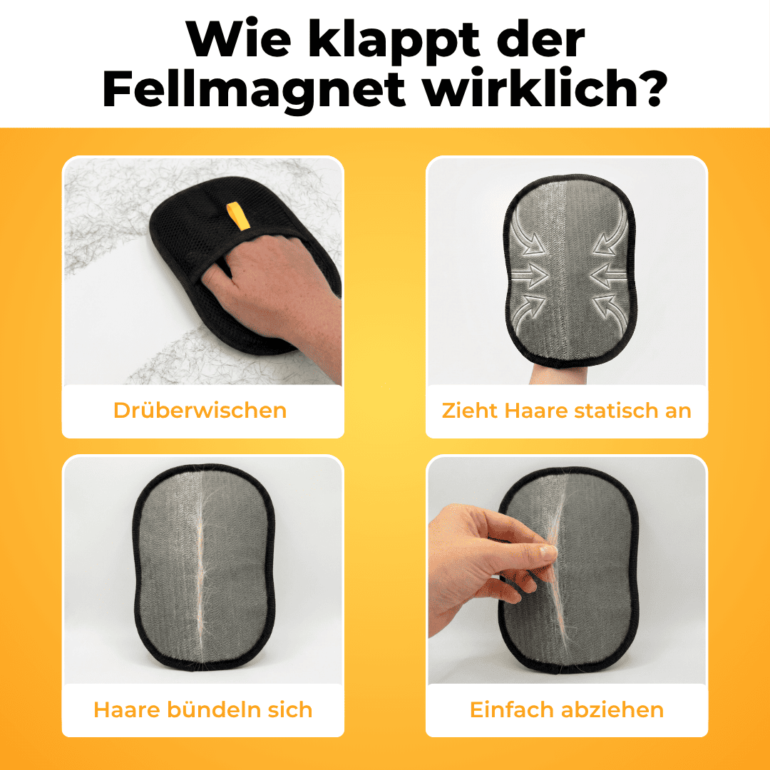 German four-step infographic: wipe, hair attracts, hair bundles, peel it off