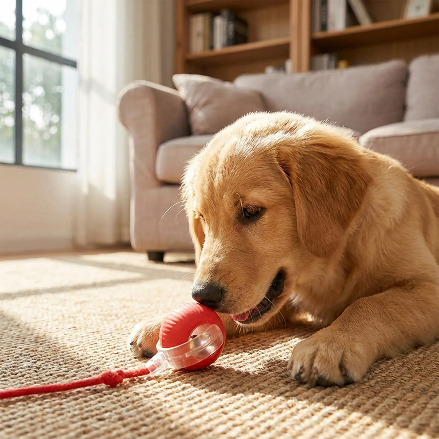Golden retriever lying on a rug, pawing the red Chase Ball with its rope tail