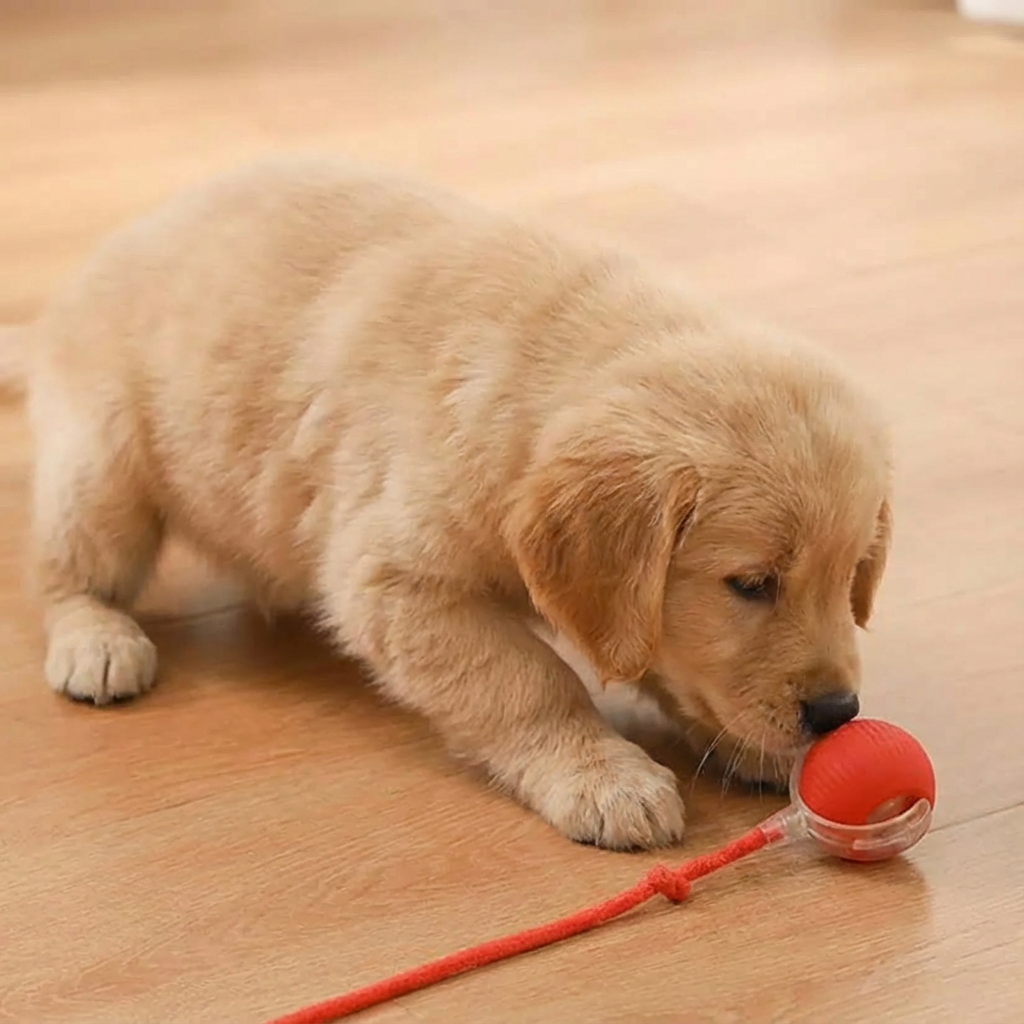 Golden retriever puppy nosing the red Chase Ball on a wooden floor