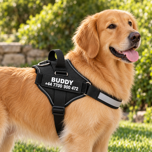 A second dog wearing the harness on a lead