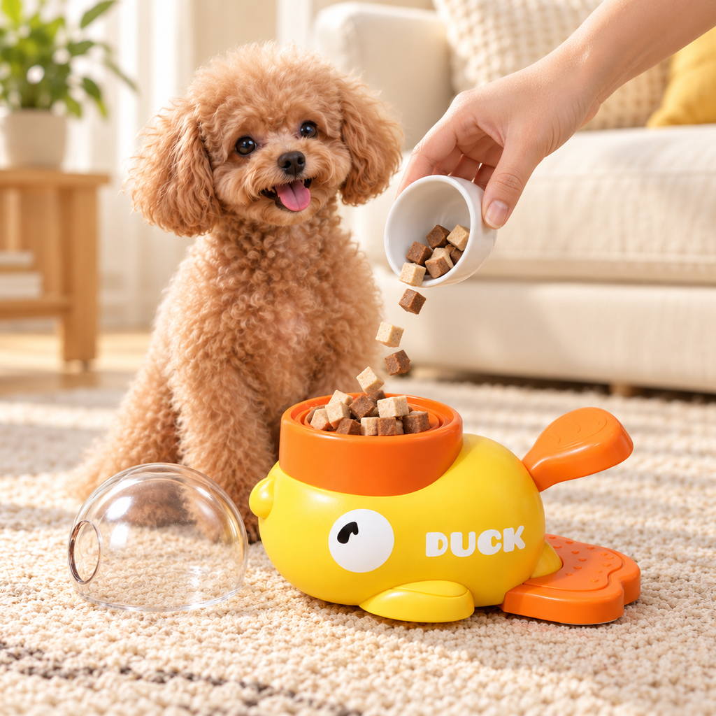 Little Duck Treat Spinner — treats being poured into the open duck toy while a poodle watches