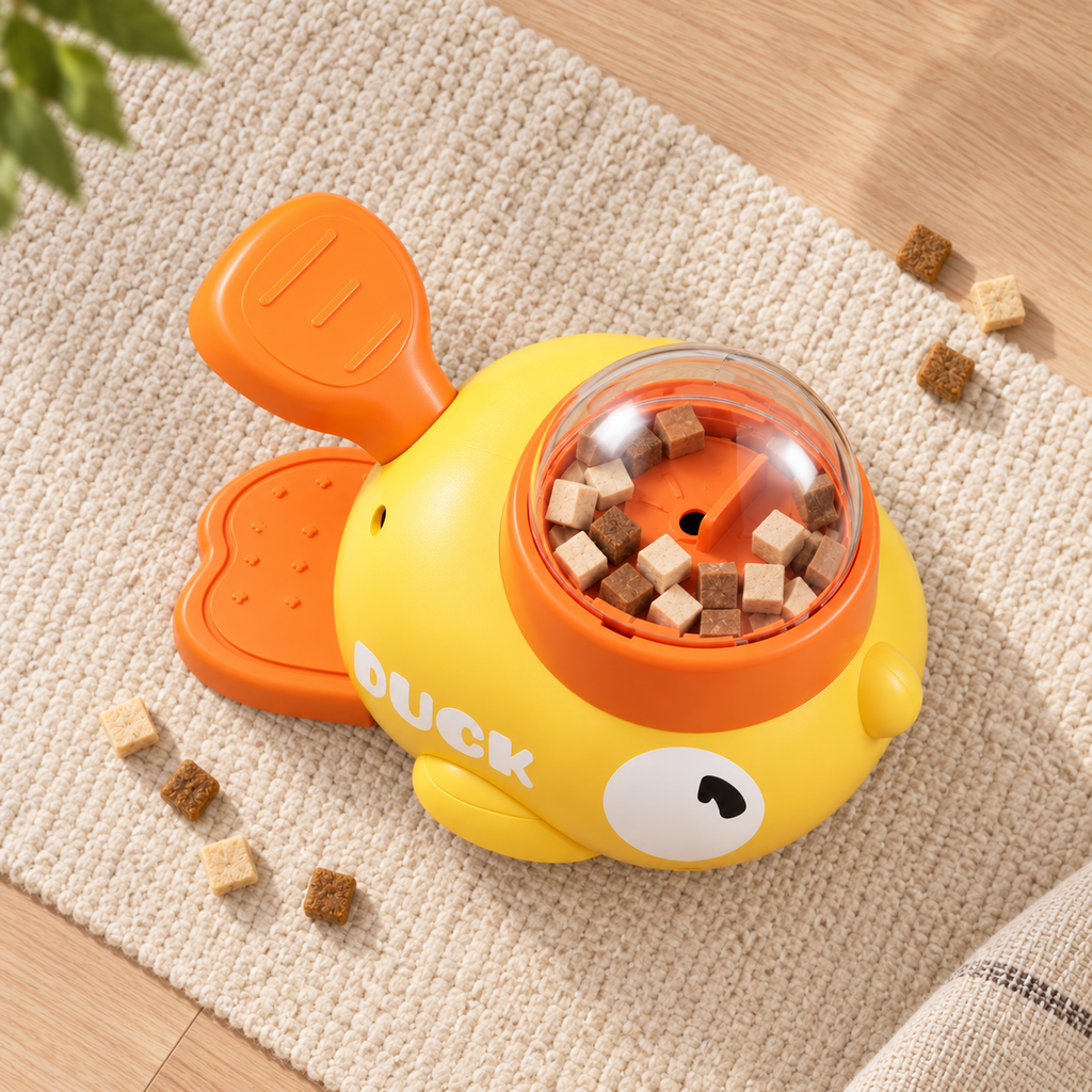 Little Duck Treat Spinner — top view of the yellow duck treat toy with clear dome and small treats