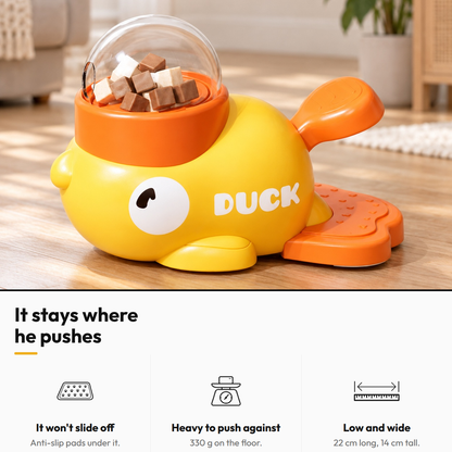 Little Duck Treat Spinner — It stays where he pushes: It won't slide off; Heavy to push against; Low and wide