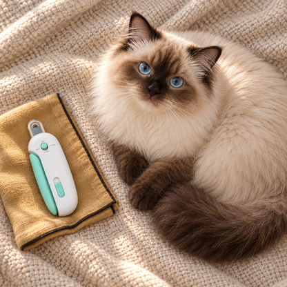Gentle-Guard Adjustable Nail Clipper — cream and brown cat lying on a cushion beside the clipper
