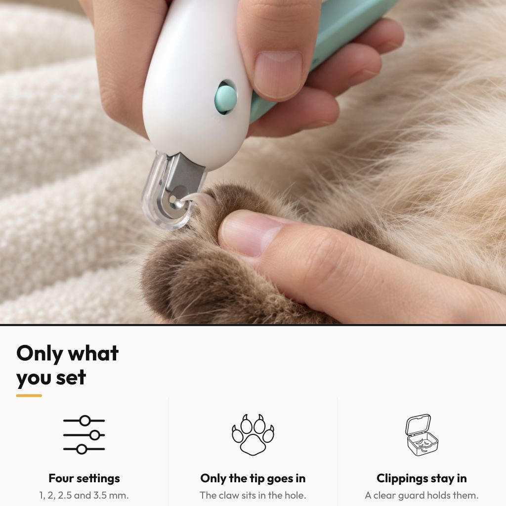 Gentle-Guard Adjustable Nail Clipper — Only what you set: Four settings; Only the tip goes in; Clippings stay in