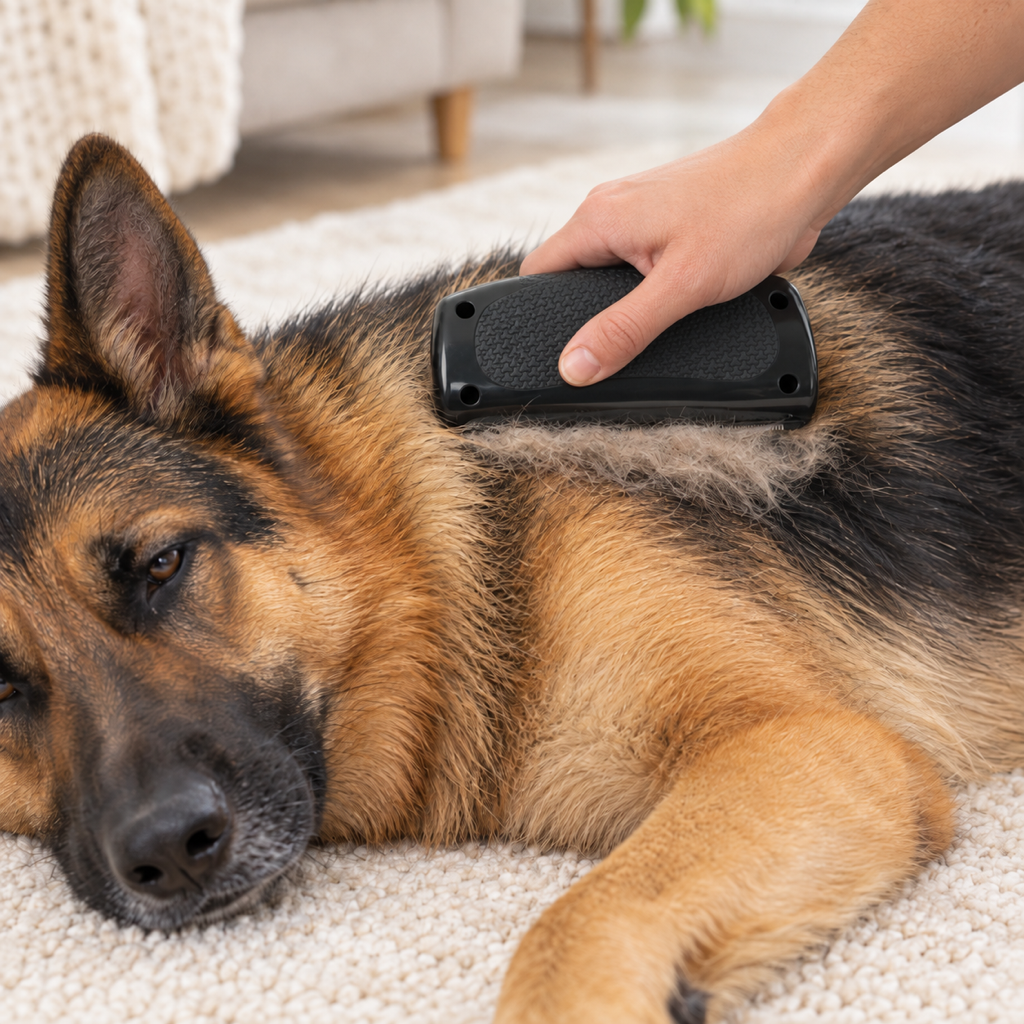 Shed-Stop Deshedding Comb — grooming a German Shepherd lying on a rug