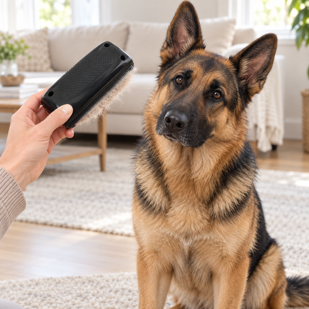 German Shepherd watching a hand holding the Shed-Stop Deshedding Comb
