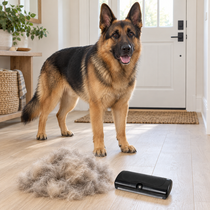 German Shepherd by the door next to a pile of brushed-out undercoat and the comb