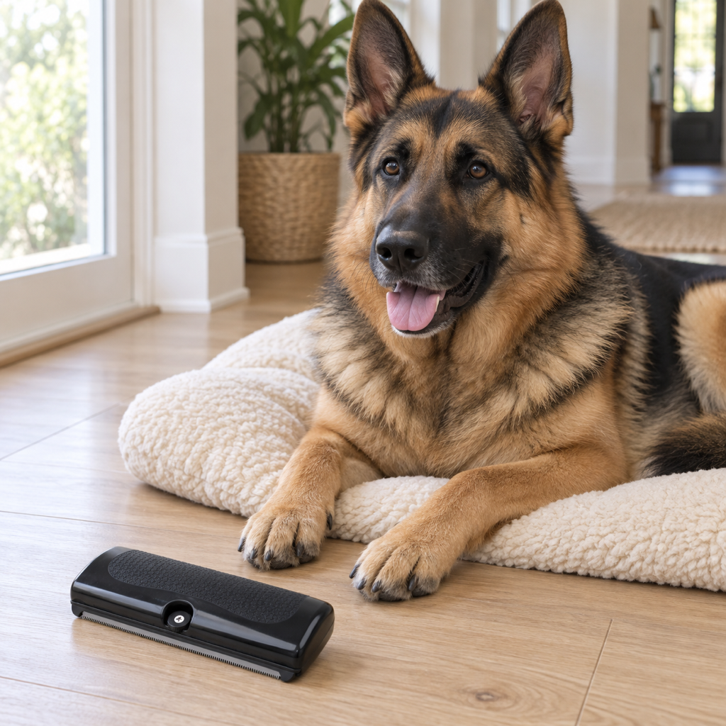 German Shepherd resting on a cushion beside the Shed-Stop Deshedding Comb