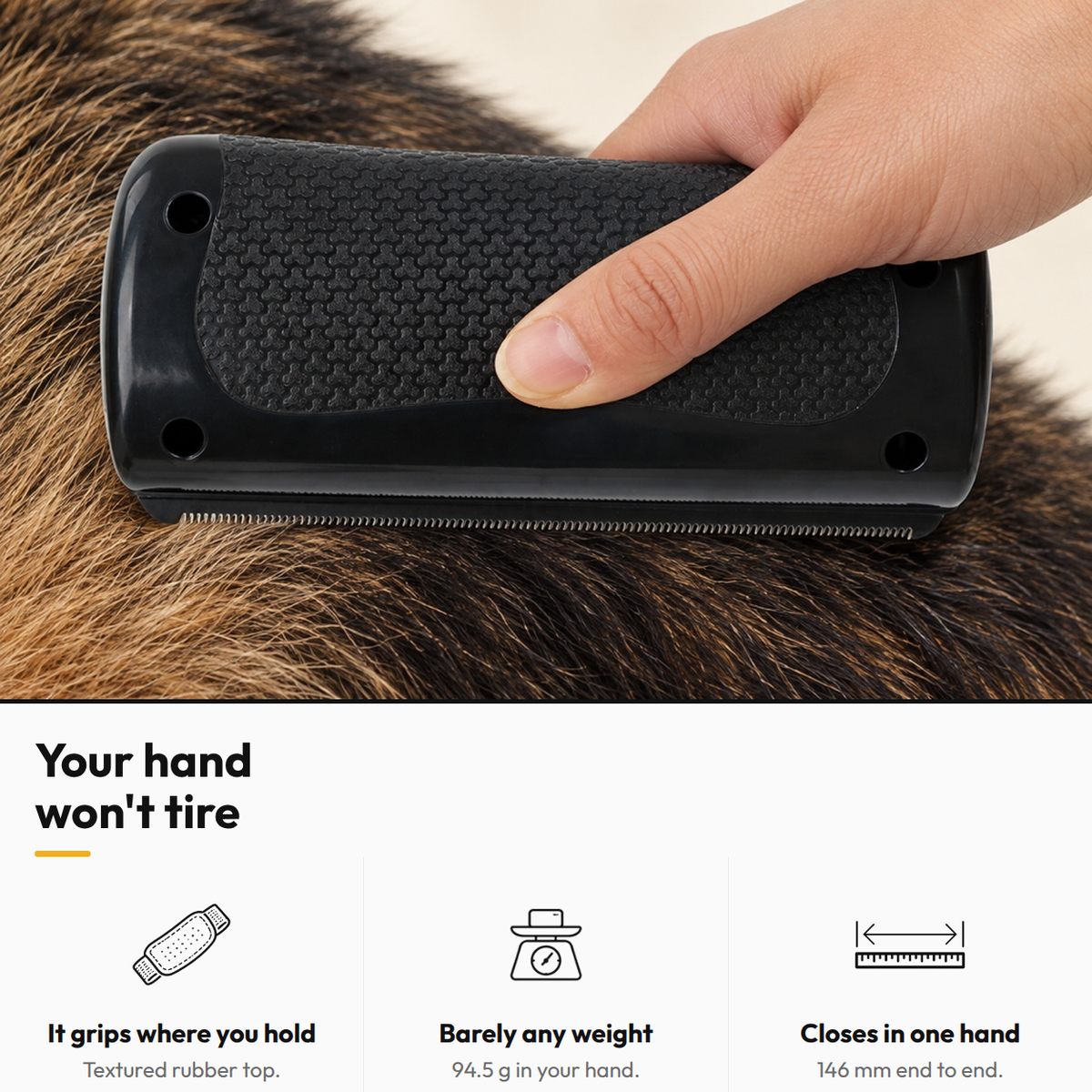 Shed-Stop Deshedding Comb — Your hand won't tire: It grips where you hold; Barely any weight; Closes in one hand