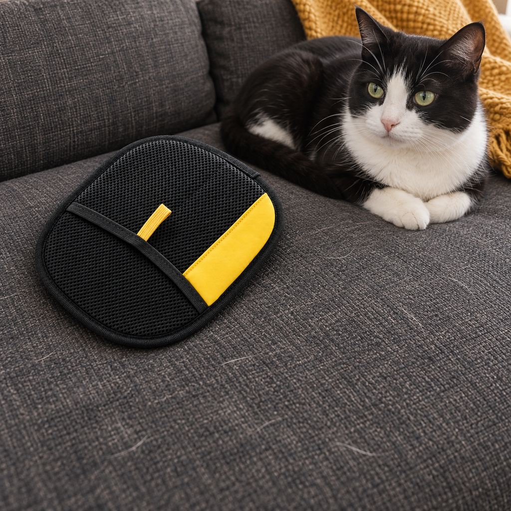 Two-Way Fur Removal Mitt — black and white cat on a grey sofa next to the mitt