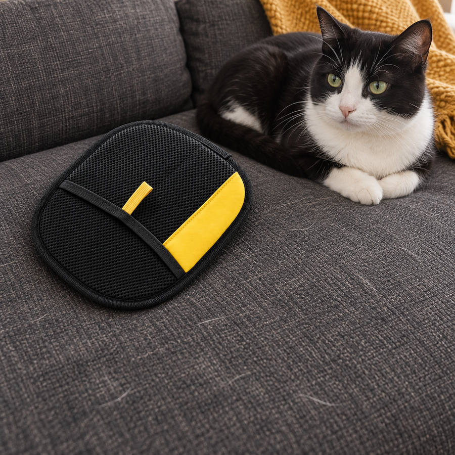 Two-Way Fur Removal Mitt — black and white cat on a grey sofa next to the mitt