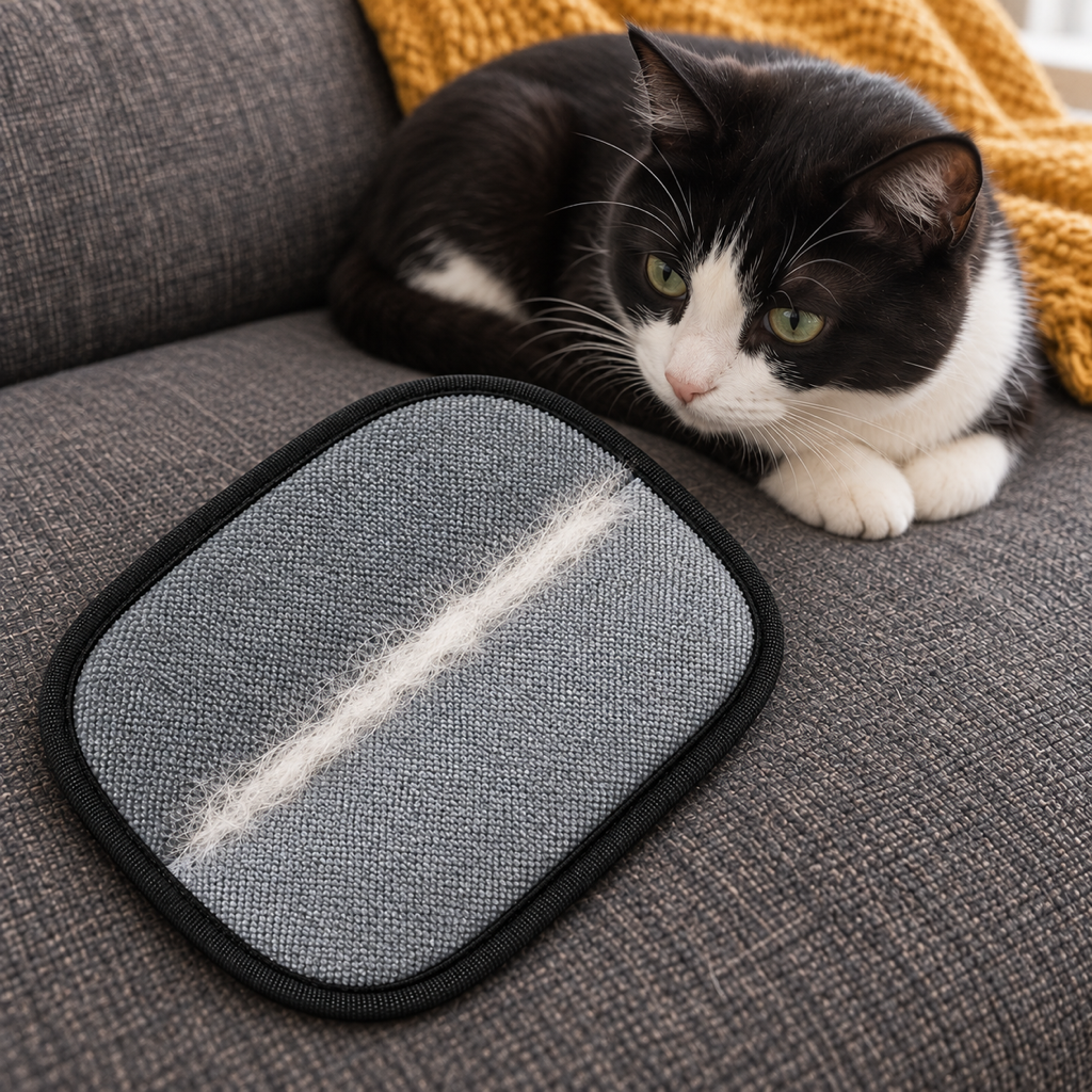 Two-Way Fur Removal Mitt — mitt with a strip of lifted hair beside a black and white cat
