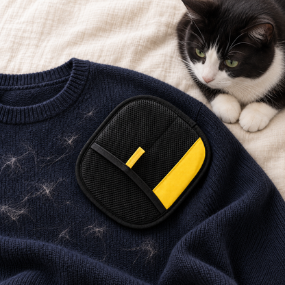 Two-Way Fur Removal Mitt — mitt on a hairy navy jumper next to a black and white cat