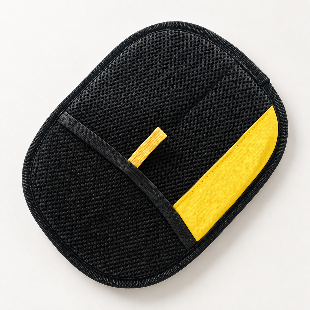 Two-Way Fur Removal Mitt — black mesh mitt with yellow panel and tab