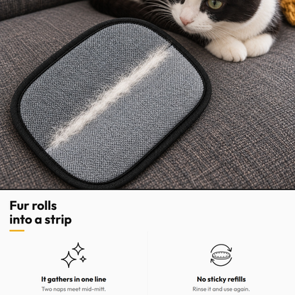 Two-Way Fur Removal Mitt — Fur rolls into a strip: It gathers in one line; No sticky refills