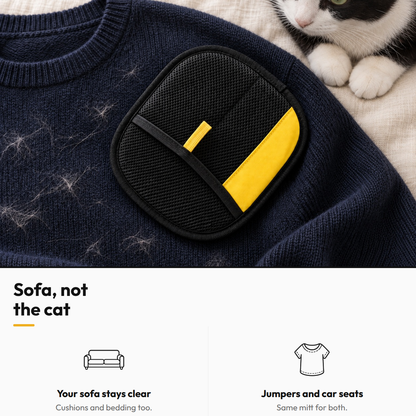 Two-Way Fur Removal Mitt — Sofa, not the cat: Your sofa stays clear; Jumpers and car seats