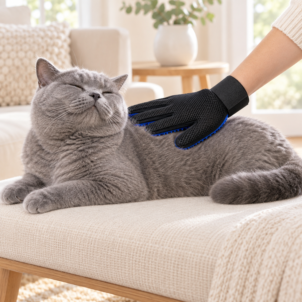 Five-Finger Grooming Gloves — grooming a cat