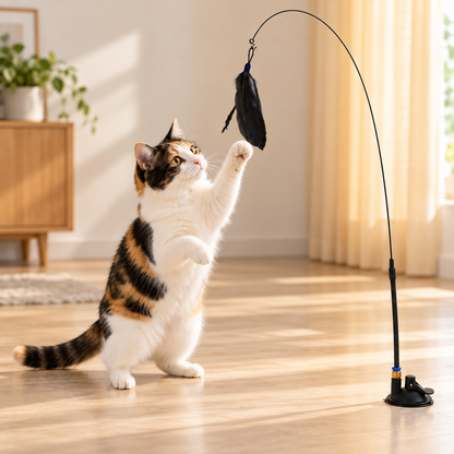 Solo Play Feather Wand — cat reaching upward for the feather