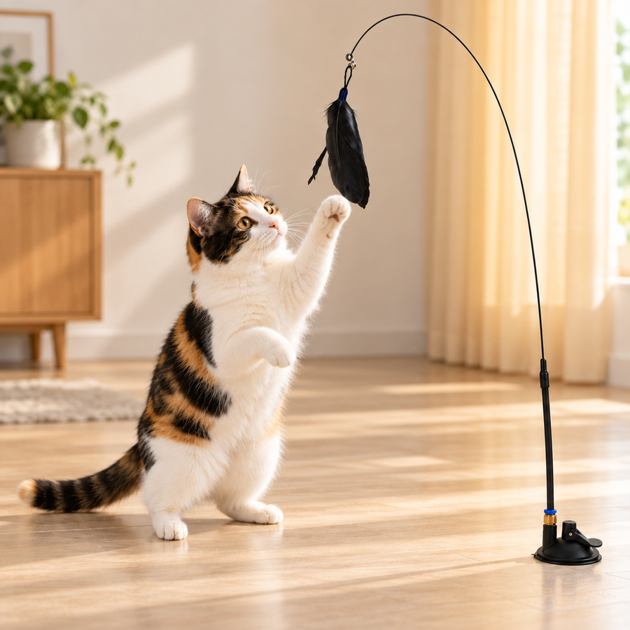 Solo Play Feather Wand — cat reaching upward for the feather