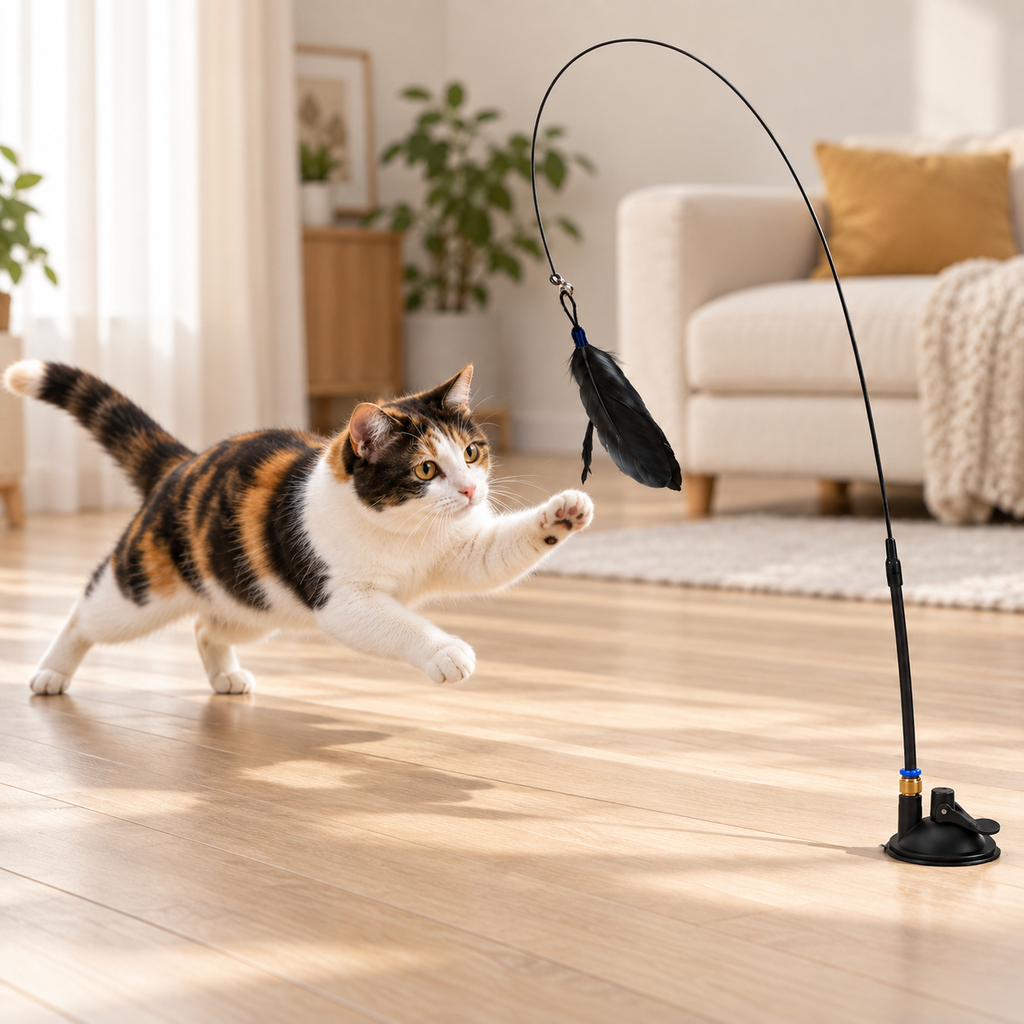 Solo Play Feather Wand — cat lunging forward at the feather