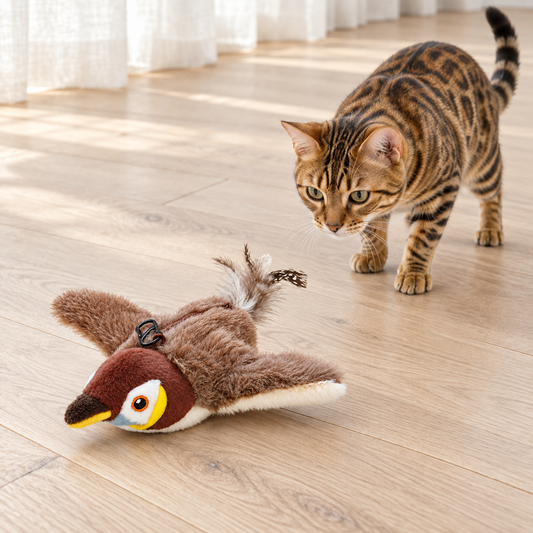 Flutter Bird with a cat on a pale oak floor