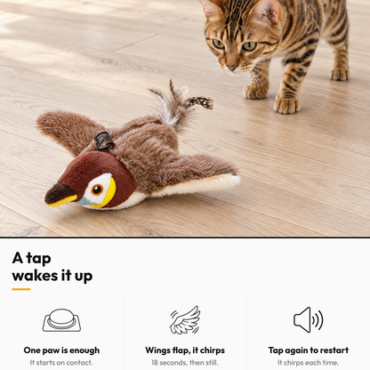 Flutter Bird — Rechargeable Cat Toy — A tap wakes it up: One paw is enough; Wings flap, it chirps; Tap again to restart