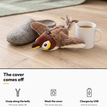 Flutter Bird — Rechargeable Cat Toy — The cover comes off: Unzip along the belly; Wash the cover; Charges by USB