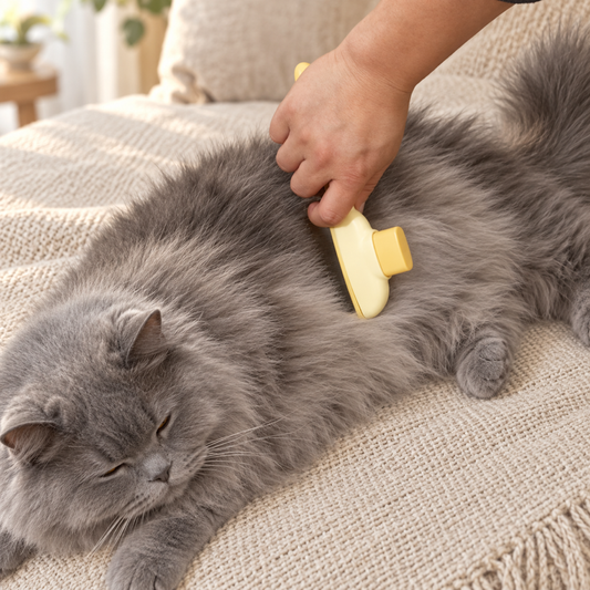 One-Press Self-Cleaning Comb — grooming a grey long-haired cat on the sofa