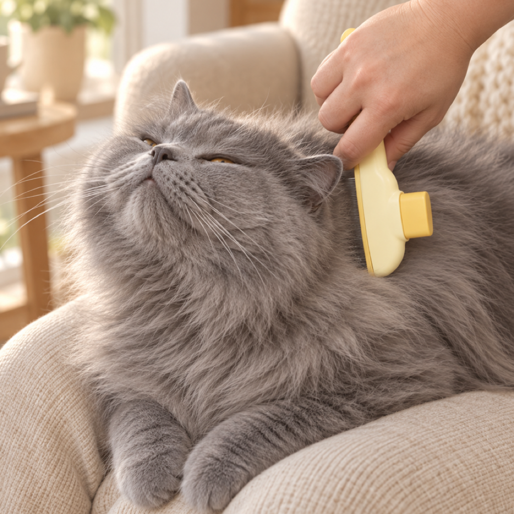 One-Press Self-Cleaning Comb — brushing a relaxed grey cat's shoulder