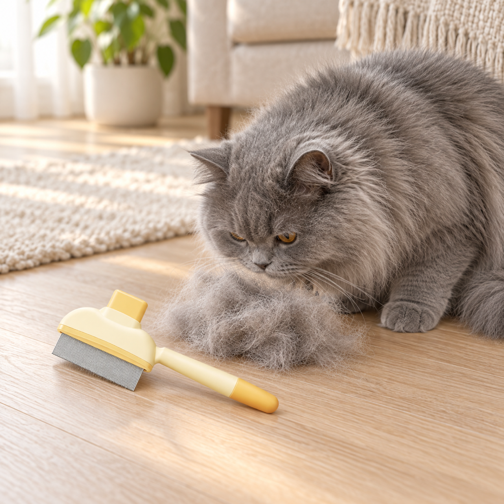 Grey cat sniffing a clump of brushed-out fur next to the One-Press Self-Cleaning Comb