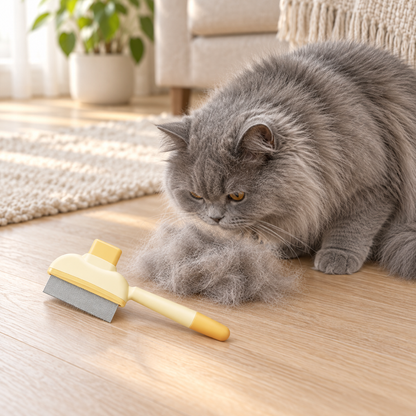 Grey cat sniffing a clump of brushed-out fur next to the One-Press Self-Cleaning Comb