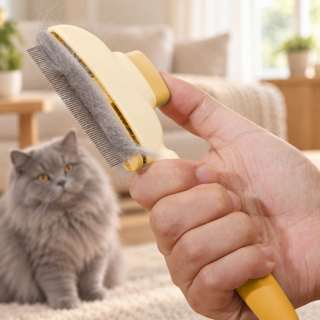 One-Press Self-Cleaning Comb — thumb on the button, fur gathered on the pins