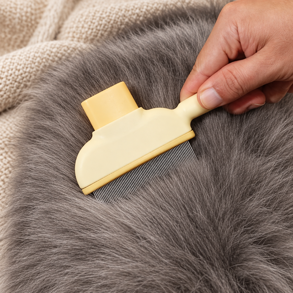 One-Press Self-Cleaning Comb — metal pins working through long grey fur