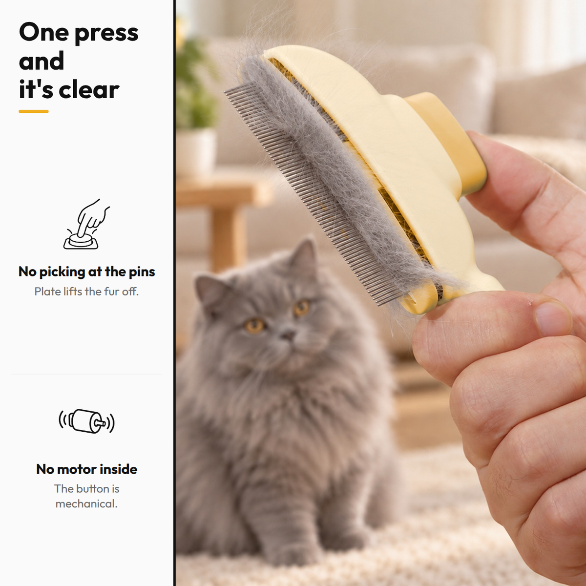 One-Press Self-Cleaning Comb — One press and it's clear: No picking at the pins; No motor inside