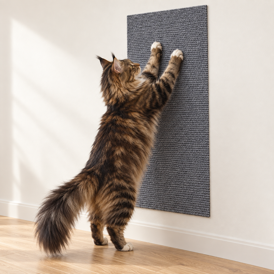 Stick-On Sofa Scratch Panel — long-haired tabby cat scratching the grey panel on a wall