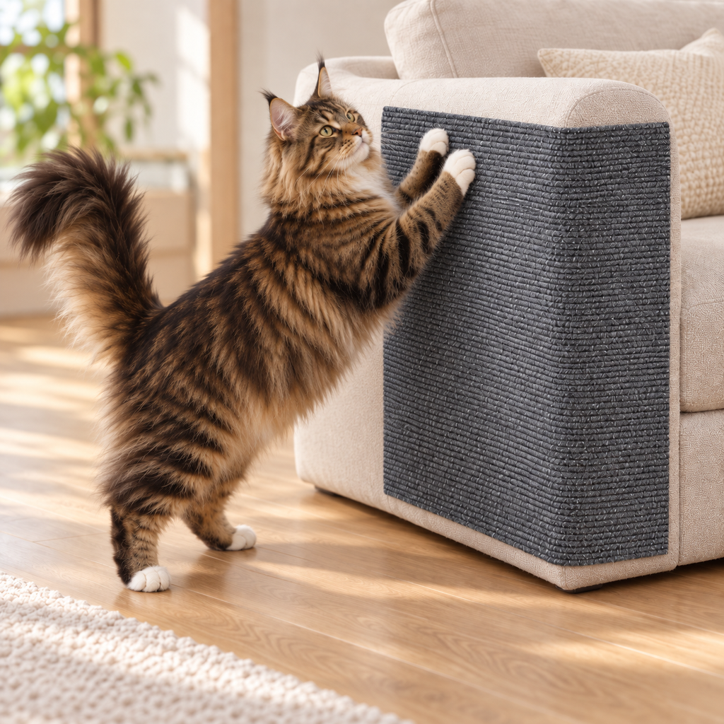Stick-On Sofa Scratch Panel — long-haired tabby cat scratching the panel on a sofa arm