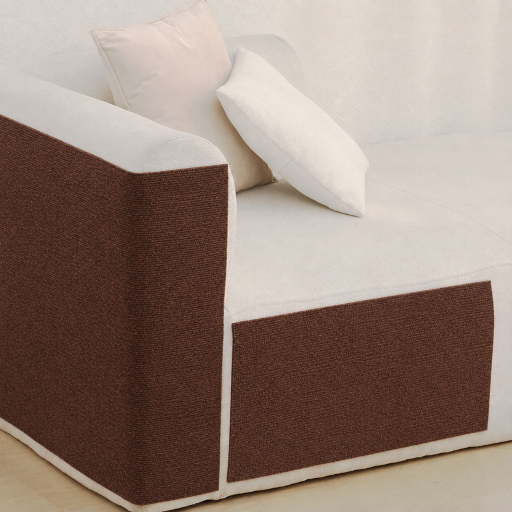 Stick-On Sofa Scratch Panel — Dark Brown panels on a cream sofa
