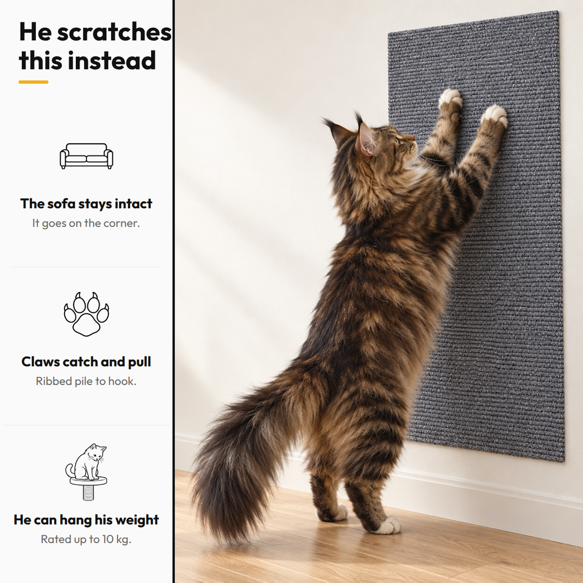 Stick-On Sofa Scratch Panel — He scratches this instead: The sofa stays intact; Claws catch and pull; He can hang his weight