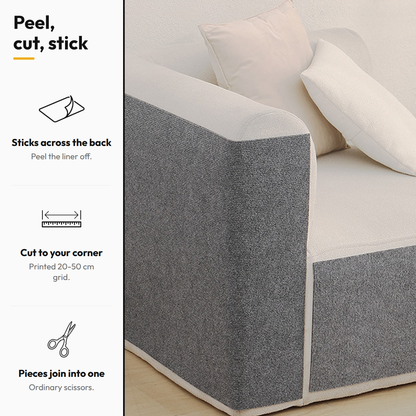 Stick-On Sofa Scratch Panel — Peel, cut, stick: Sticks across the back; Cut to your corner; Pieces join into one