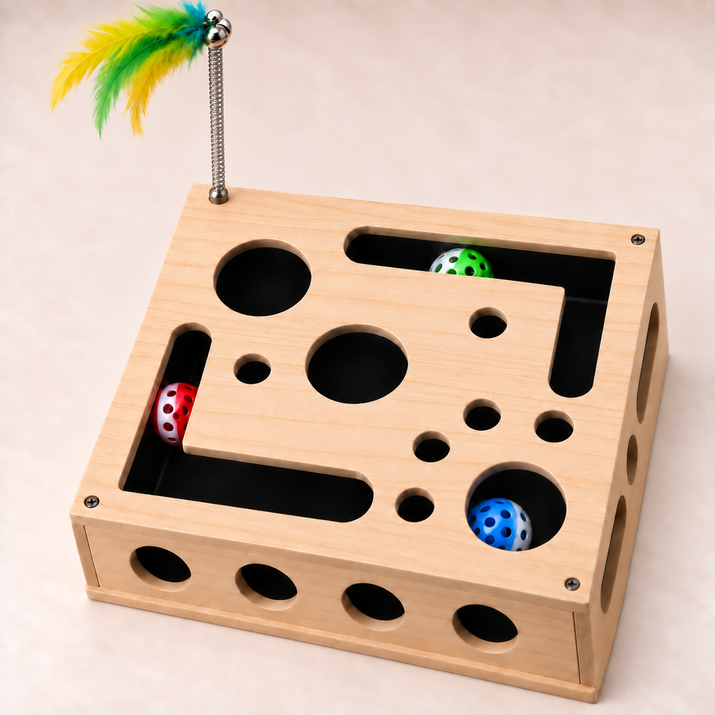 Pine maze box at an angle on a wooden floor, spring feather teaser upright, coloured bell balls visible in the channels