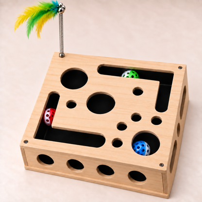 Pine maze box at an angle on a wooden floor, spring feather teaser upright, coloured bell balls visible in the channels