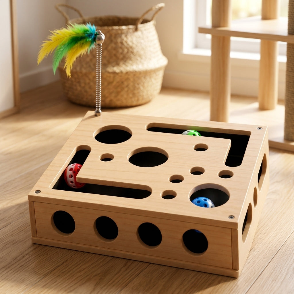 The maze box on a sunlit living room floor beside a woven basket and a cat tree