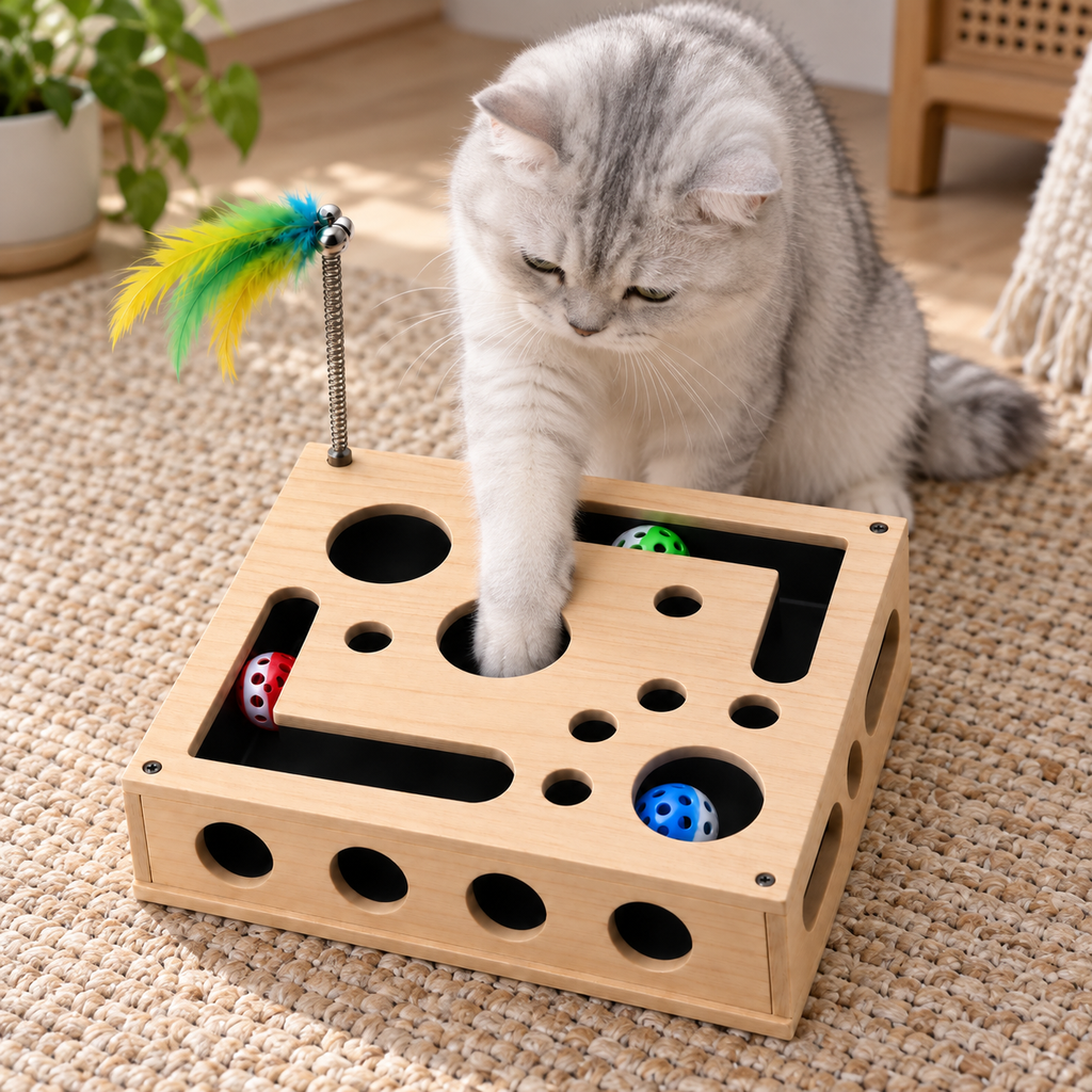 Grey cat reaching a paw through a cut-out in the top panel to a ball inside