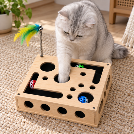 Grey cat reaching a paw through a cut-out in the top panel to a ball inside