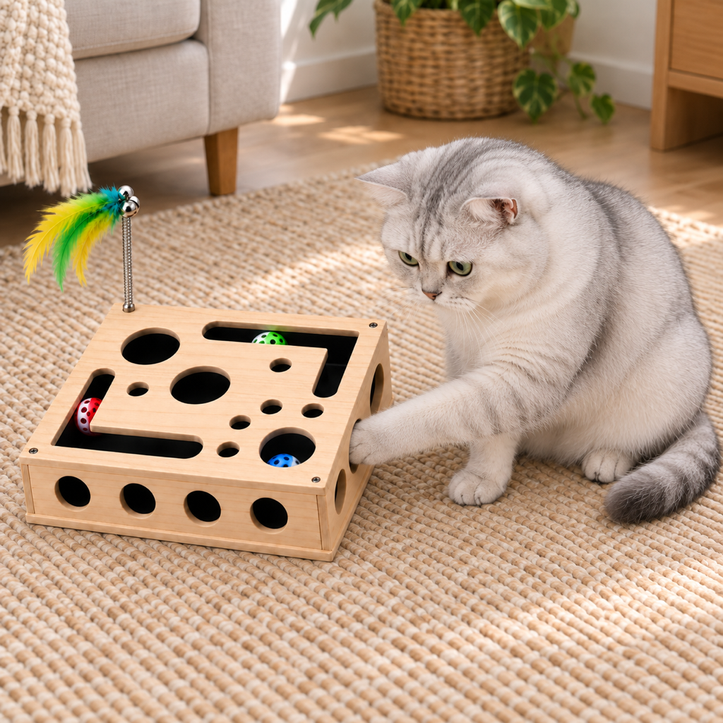 Grey cat reaching into one of the round side openings of the maze box