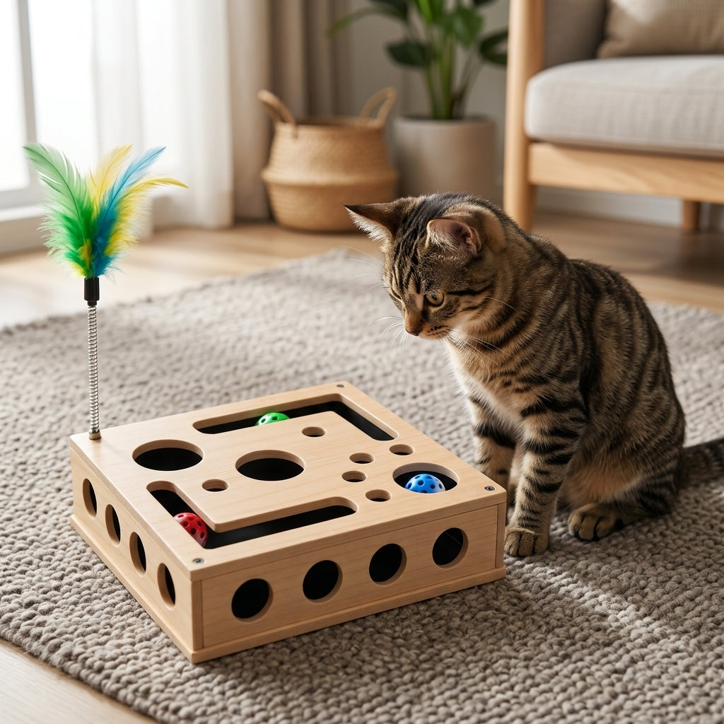 Tabby cat sitting beside the maze box on a rug, showing how big the box is next to a cat