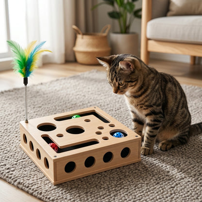 Tabby cat sitting beside the maze box on a rug, showing how big the box is next to a cat