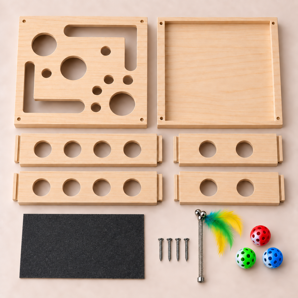 All the flat-pack parts laid out: panels, screws, claw-filing sheet, spring teaser and three bell balls