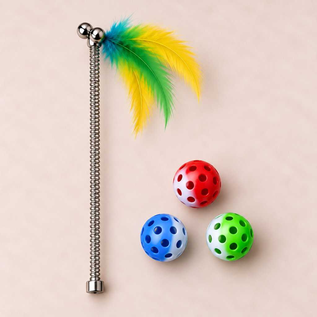 The spring feather teaser and the three coloured bell balls that come with the upgrade box